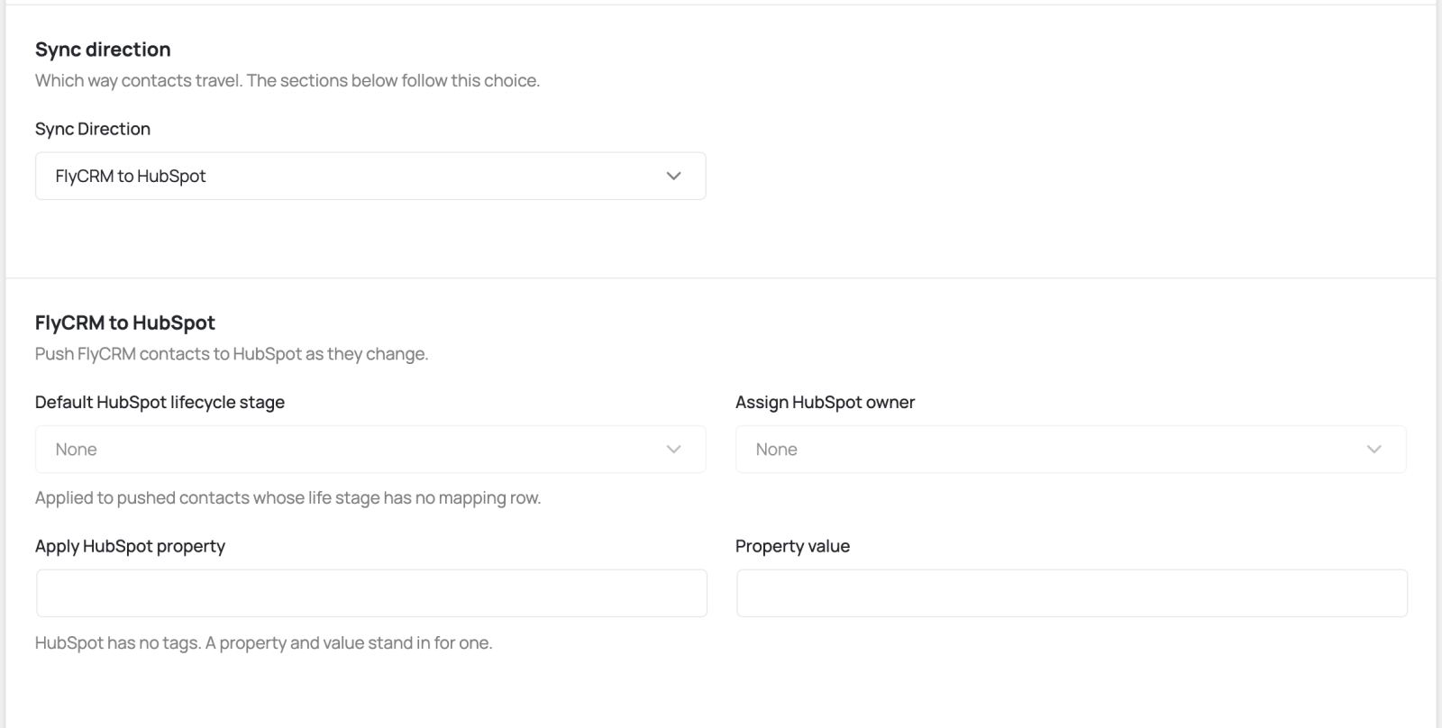 The FlyCRM to HubSpot settings