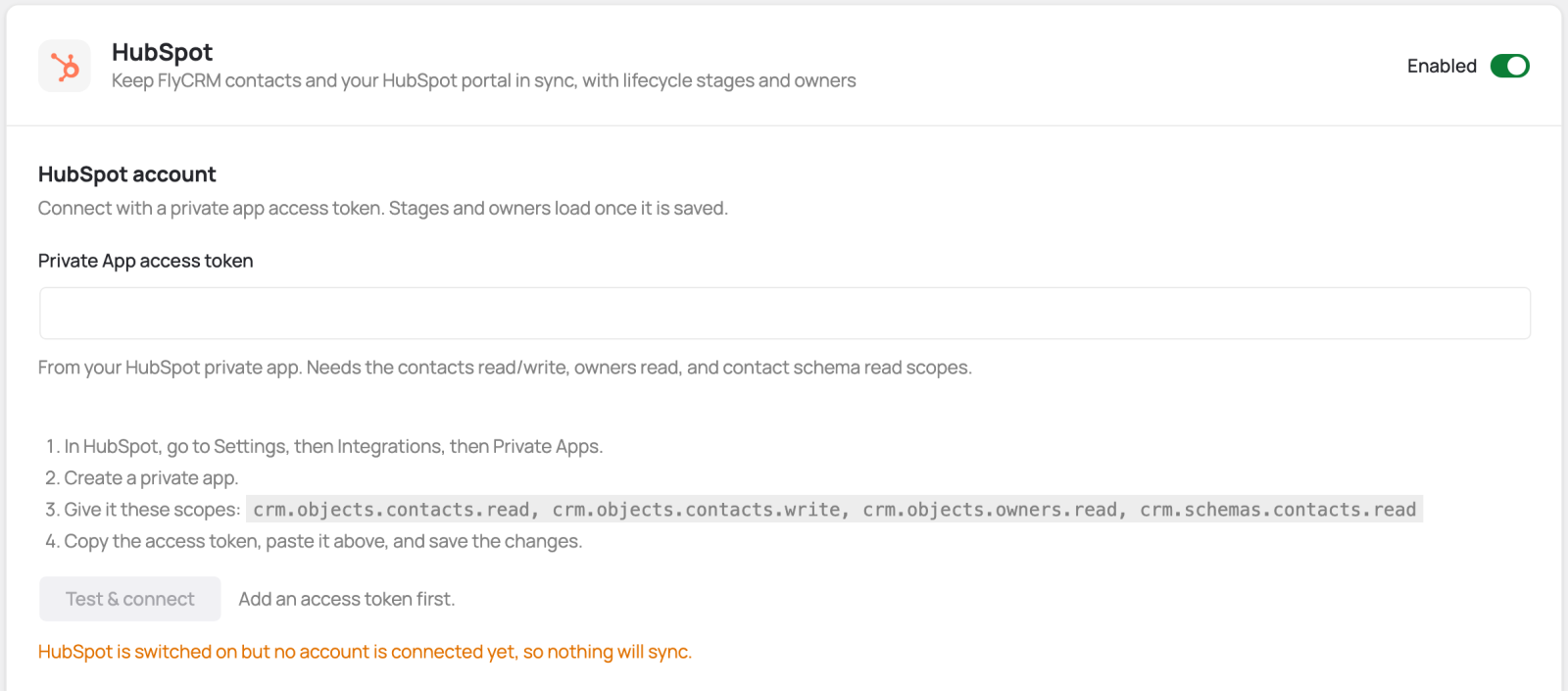 The HubSpot Account section after a good connection, with the Portal ID and account